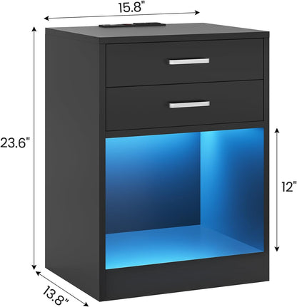 adorneve black nightstand set of 2,led bedside table shown in use