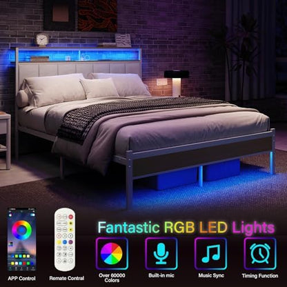 queen bed frames with charging station and led, close-up detail
