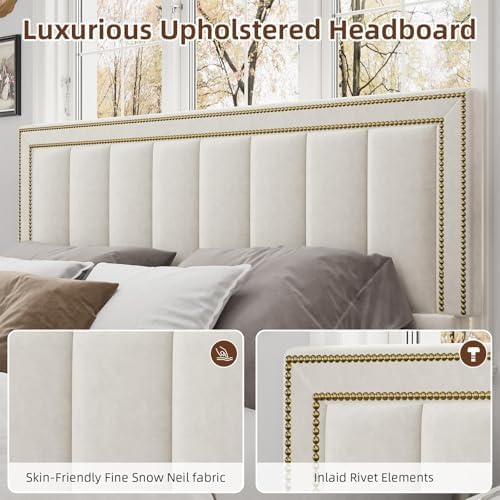 barnfurin queen bed frame chenille with tall nailhead, side view