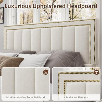 barnfurin queen bed frame chenille with tall nailhead, side view