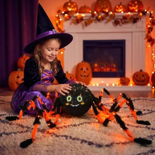 Hairui Halloween Spider with Lights 54IN for Home Patio Porch Decor