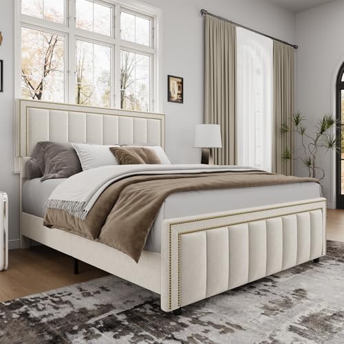 barnfurin queen bed frame chenille with tall nailhead, main product view