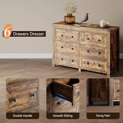 xixini 47.2" wide 6-drawer farmhouse dresser for bedroom showing dimensions