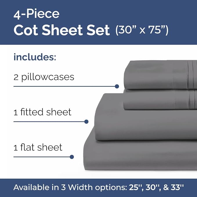 Cot Sheet Set 30” x 75” – 4 Piece Cot Size Narrow Twin Mattress Sheets – Ideal - Image 2