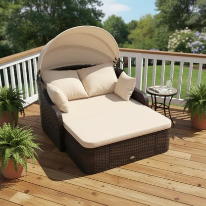 tangkula pe rattan patio daybed with retractable canopy showing dimensions