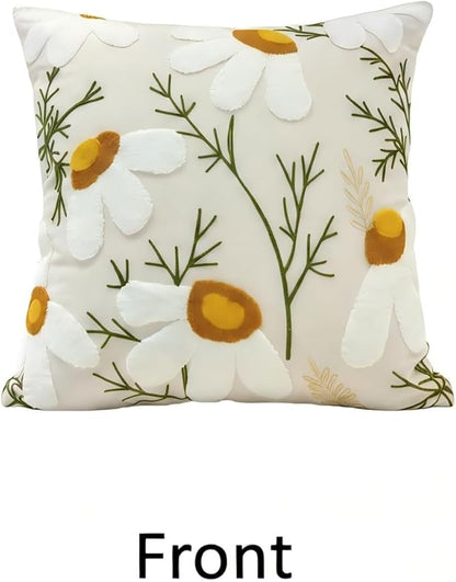 18x18 Embroidered Throw Pillow Cover – White Daisy Cotton Decorative Cushion - Image 2