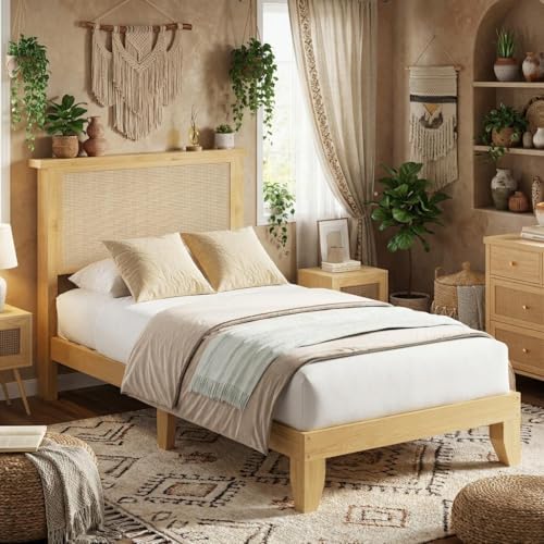 rattan bed frame twin size with natural rattan, close-up detail