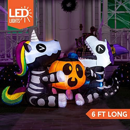 Joiedomi 6 FT Halloween Inflatables Outdoor Decorations, Sitting Skeleton Unicorn & Dinosaur with Pumpkin Blow Up Yard Decor, LED Lighted Holiday Lawn Garden Patio Outside Inflatables Decor