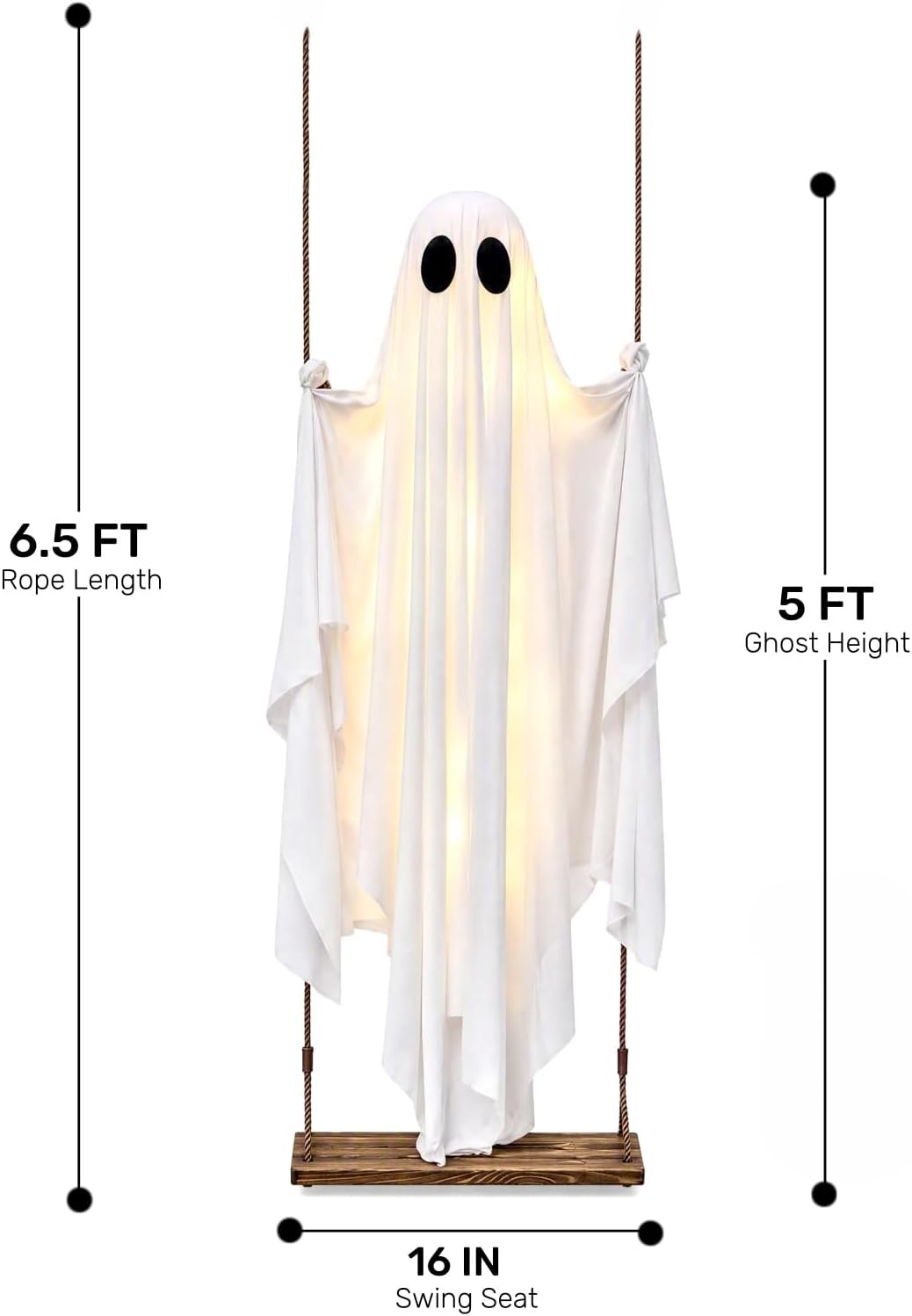 Halloween Decorations Outdoor - 5FT Large Hanging Swing Ghost Halloween Decor with String Lights, Spooky Cute Ghost Decorations for Front Porch Yard Tree