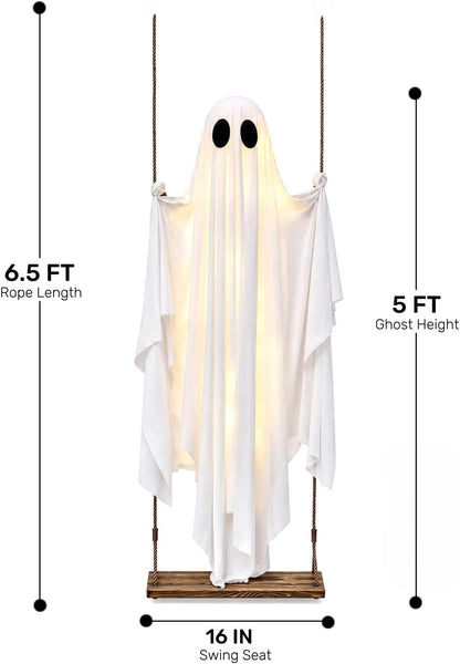 Halloween Decorations Outdoor - 5FT Large Hanging Swing Ghost Halloween Decor with String Lights, Spooky Cute Ghost Decorations for Front Porch Yard Tree