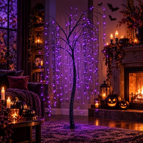 7 FT Halloween Lighted Willow Tree 256 LED Purple Lights Artificial Weeping Willow Tree with 6 Spiders Outdoor Indoor Decoration Christmas Festival Decor