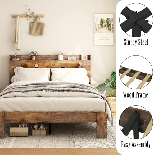 wooden queen bed frame with storage headboard, farmhouse showing dimensions