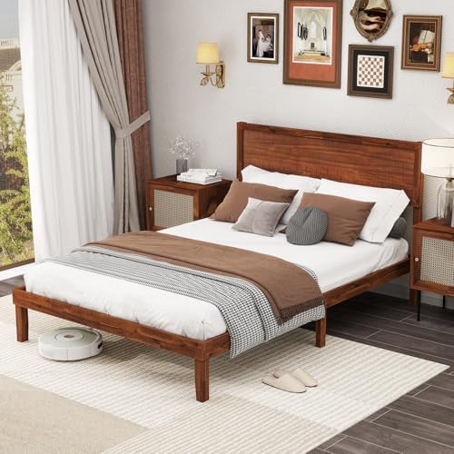komfott full size wood bed frame with headboard, close-up detail