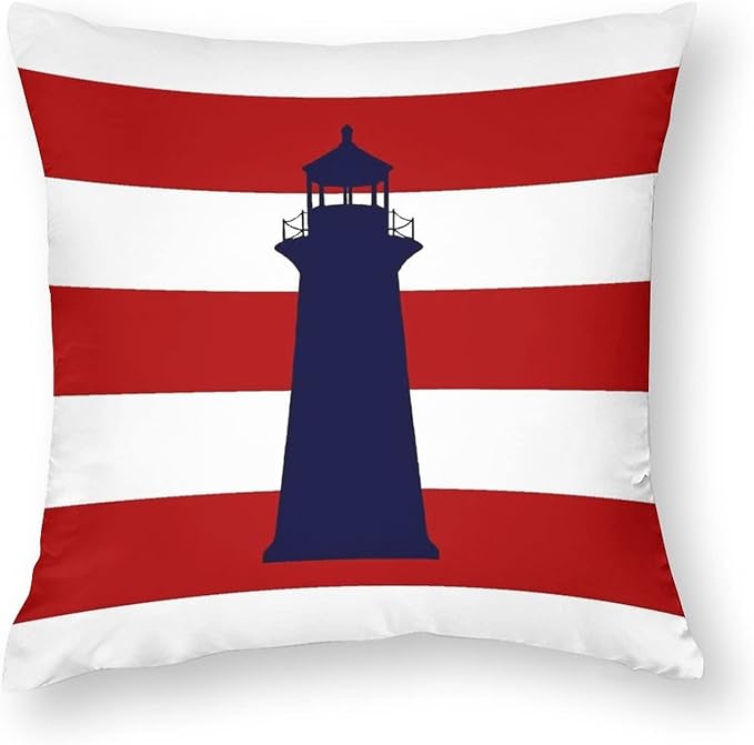 Myshe Square Nautical Navy Blue Lighthouse On Red Stripes Throw Pillow Cover by Myshe