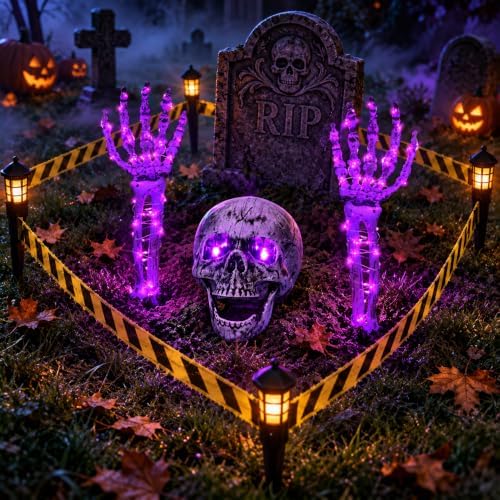 Halloween Skeleton Decorations Outdoor, Light Up Skull Head & Skeleton Hands Lights Stake with Purple LED, Battery Operated Halloween Yard Decor for Lawn, Garden, Graveyard, Haunted House & Party