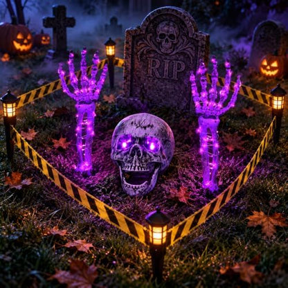 Halloween Skeleton Decorations Outdoor, Light Up Skull Head & Skeleton Hands Lights Stake with Purple LED, Battery Operated Halloween Yard Decor for Lawn, Garden, Graveyard, Haunted House & Party
