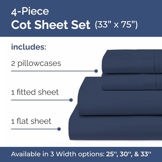 Cot Sheet Set 33” x 75” – 4 Piece Cot Size Twin Mattress Sheets – Ideal - Image 2