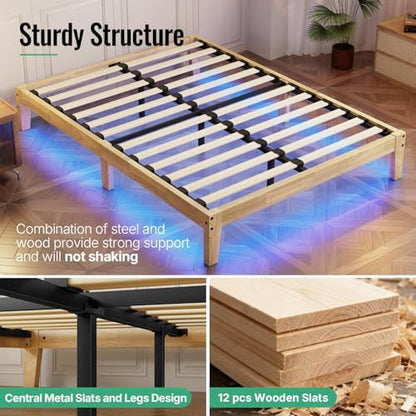 full size solid wood platform bed with led, side view