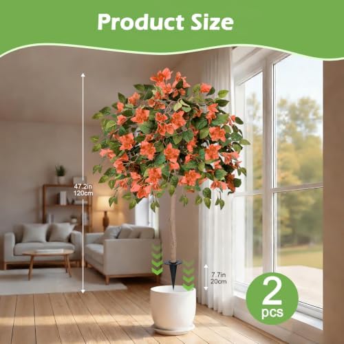 2PCS Fall Tree 4FT Artificial Bougainvillea Tree with Ground Spike UV Resistant Fake Orange Flower Topiary Plants for Outdoor Garden Patio Front Porch Autumn Thanksgiving Halloween Decor