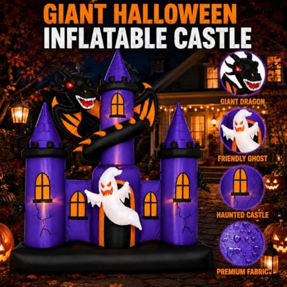 9 FT Giant Halloween Inflatable Haunted Castle with Dragon and Ghost