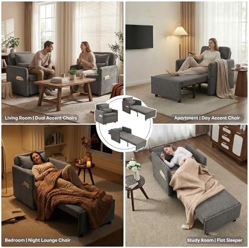 Iroomy 5-Level Adjustable Convertible Sleeper Chair, 3-in-1 Pull Out Sofa Bed...