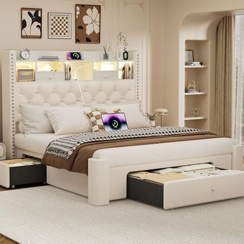 queen size bed frame with 3 storage drawers, front angle view