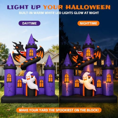 9 FT Giant Halloween Inflatable Haunted Castle with Dragon and Ghost