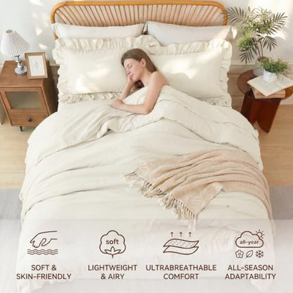 zrnbast beige king comforter set 5 pieces ruffle, close-up detail
