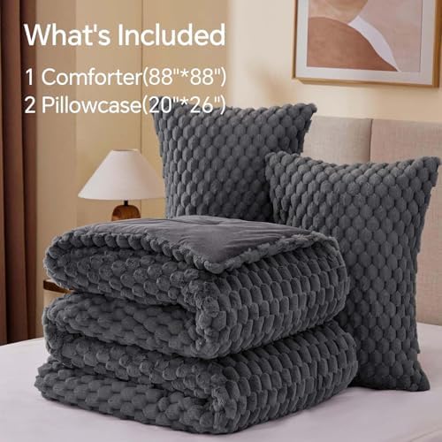 bedelite fluffy queen comforter set, dark grey fleece, side view