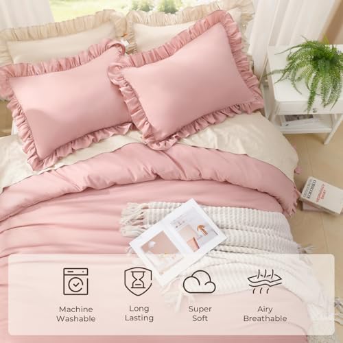 litanika queen comforter set, 3 pieces blush ruffle showing dimensions