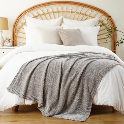 chenille throw blanket for couch sofa, light grey, side view