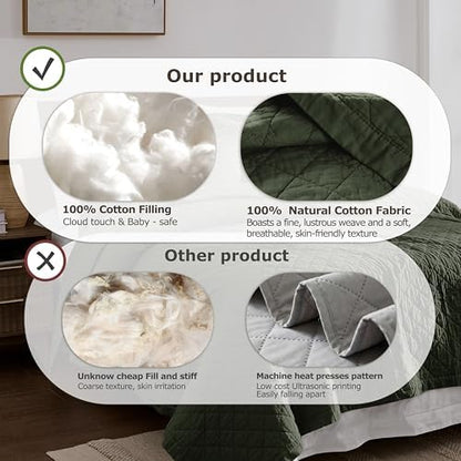 wdcozy 100% cotton quilt set, pre-washed, twin, olive, close-up detail