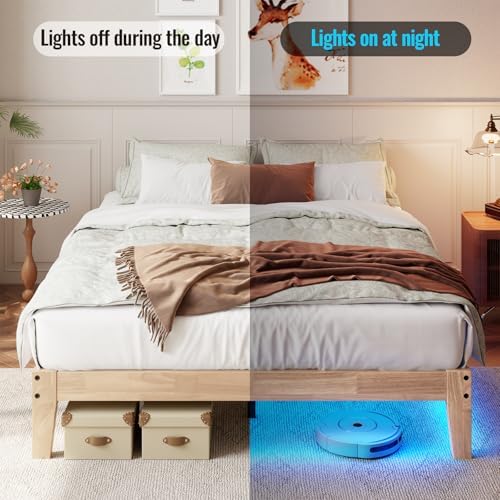 full size solid wood platform bed with led, front angle view
