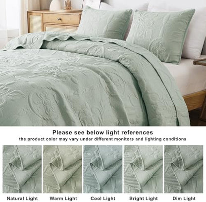 sage green damask quilt queen size bedding sets, front angle view