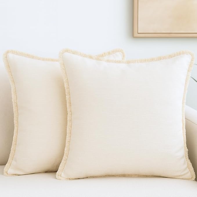 18×18 Ivory White Decorative Fringe Cotton Pillow Covers Boho Farmhouse Throw - Image 9