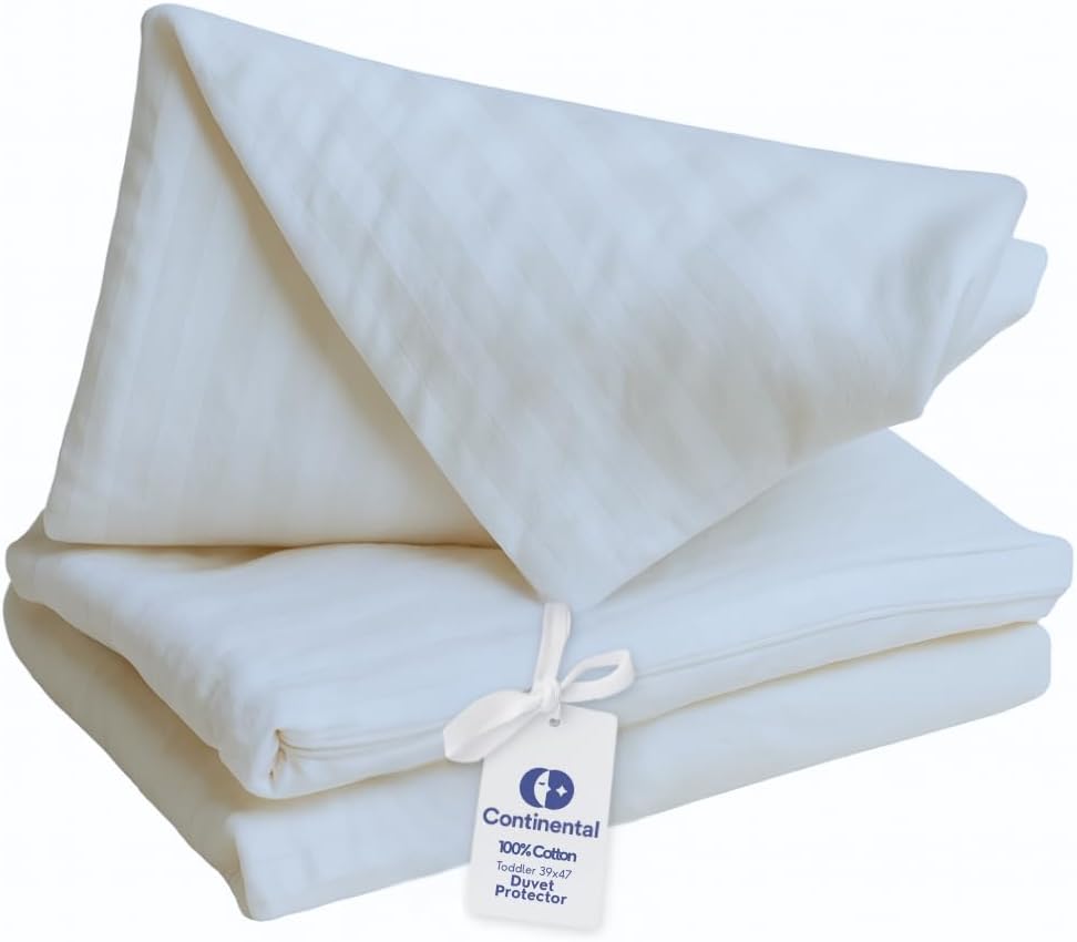 Continental Bedding Toddler Duvet Protector 100% Cotton 300TC Damask Stripe with Zipper Closure and Inner Ties, Fits Crib & Toddler Bed Comforters, 39x47 inch