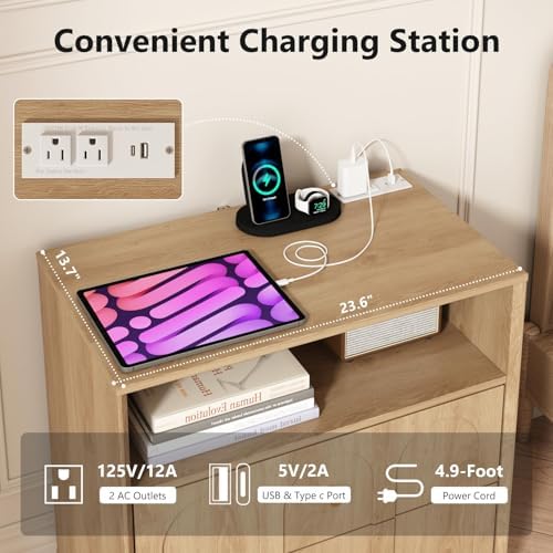 arched design nightstand with charging station, 2 drawers, side view