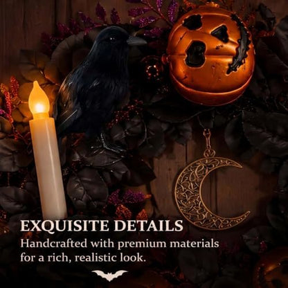 18'' Halloween Wreath with Lights, Black Roses, Crow, Pumpkin