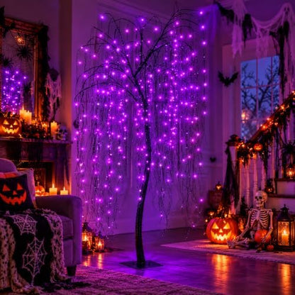 LIGHTSHARE 7 Feet Halloween Willow Tree with Spiders, 256 LED Lights for Home, Festival,Nativity, Party, and Christmas Decoration,Indoor Outdoor Use, Purple
