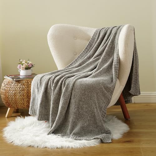 chenille throw blanket for couch sofa, light grey on a desk or shelf