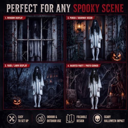 Novabright 47 Inch Halloween Standing Yard Sign for Outdoor Decor with Metal Stakes and Base Halloween Ghost Spooky Lifelike Yard Sign for Lawn Porch Indoor Party Display