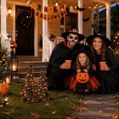2Pack Lighted Halloween Tabletop Trees with Timer, Pumpkin Bat Decor