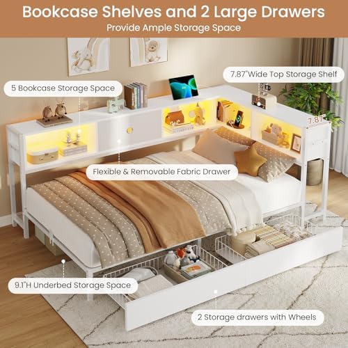 corner twin bed frame with storage bookcase,2 drawers, side view