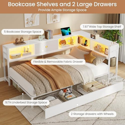 corner twin bed frame with storage bookcase,2 drawers, side view