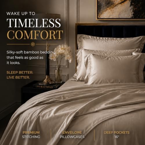 luxury bed sheet set, taupe, queen (u.s. standard), side view