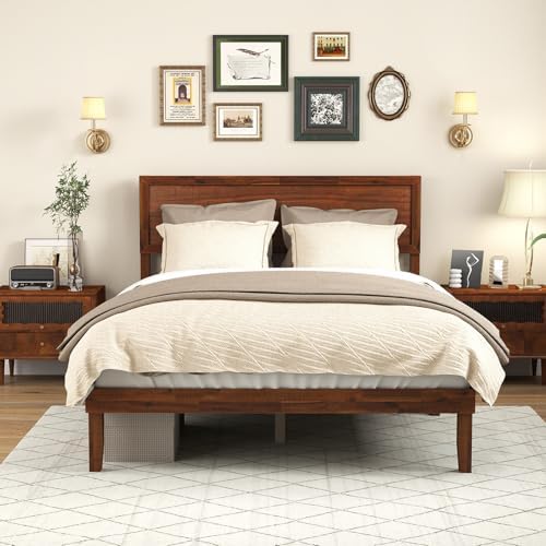 komfott full size wood bed frame with headboard, side view