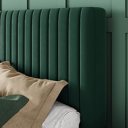 allewie king bed frame, velvet upholstered platform bed, side view