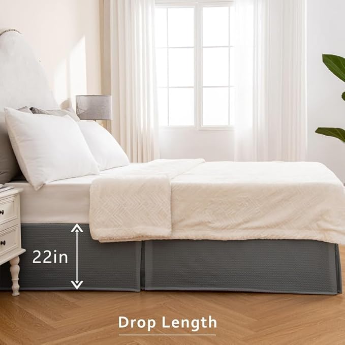 MIYE Pleated Waffle Weave Bed Skirt, Tailored Dust Ruffle 22 Inch Drop Easy Fit - Image 7