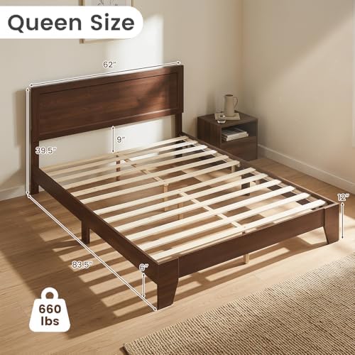 komfott queen size bed frame, mid-century modern platform shown in use