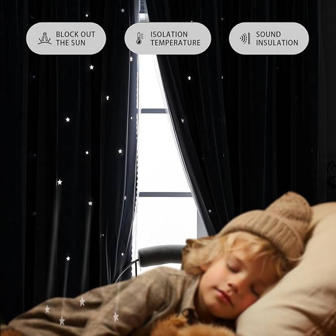 Anytime Romantic Kids Curtain, Hollow-Out Stars Window Curtain Double Layer - Image 4